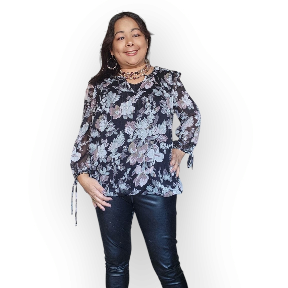 Tamera H Floral Blouse in Black and Gray Womens Size Large - Picture 13 of 14